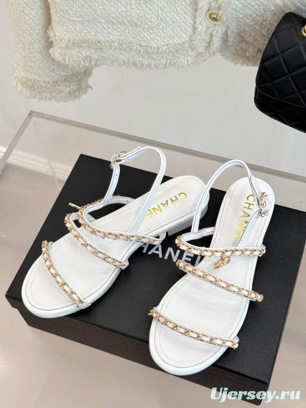 2025 Women Chanel White Leather Chain Strap Sandals