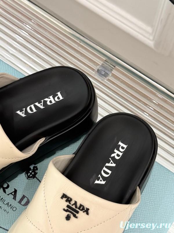 2025 Women Prada Beige Leather Platform Sandals