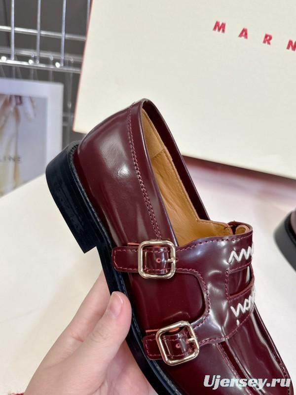 2025 Women Marni Burgundy Leather Loafers KFY00320