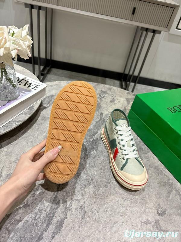 2025 Women Bottega Veneta Green White Red Canvas Leather High Top Sneakers