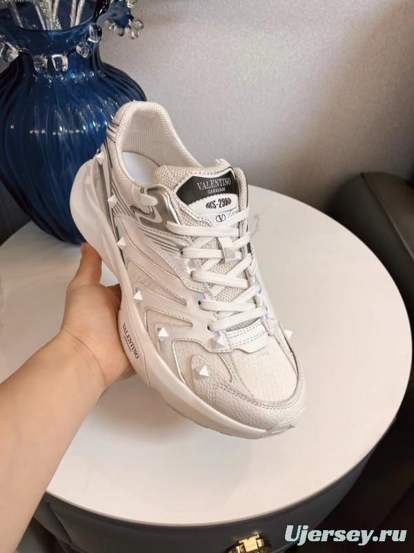 2024 Unisex Valentino White Silver Mesh Leather Sneakers MJ00410