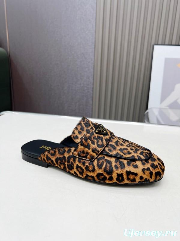 2025 Women Prada Leopard Calf Hair Slippers LY00260