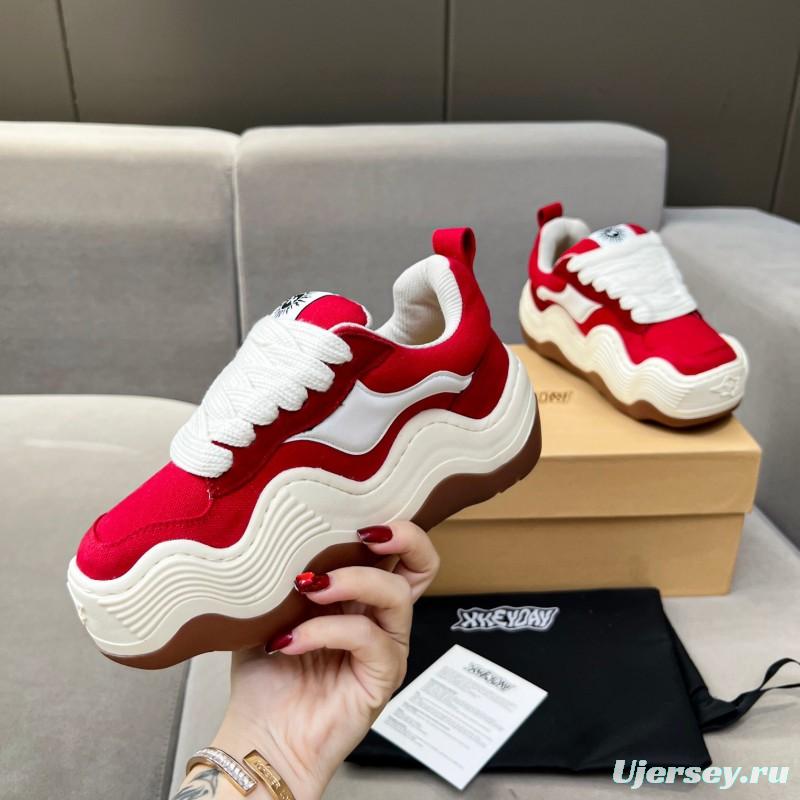 2025 Women HEYDAY Red White Canvas Leather Wave Sneakers