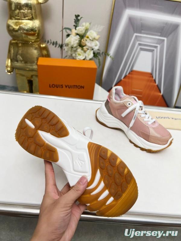 2025 Women Louis Vuitton Pink White Mesh Leather Sneakers LY00340