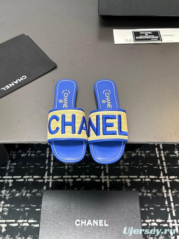 2025 Women CHANEL Blue Beige Canvas Slippers