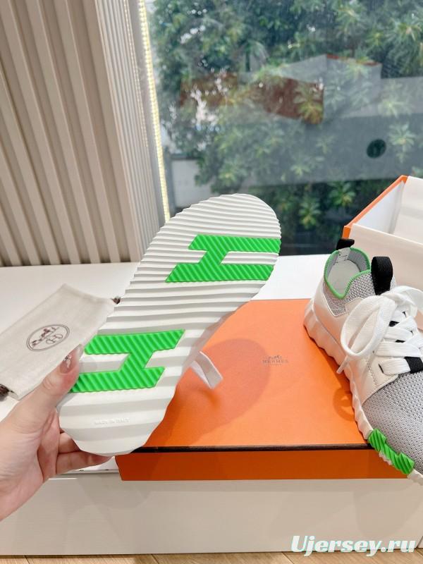 2024 Unisex Hermès White Green Calfskin Suede Sneakers MJ00290