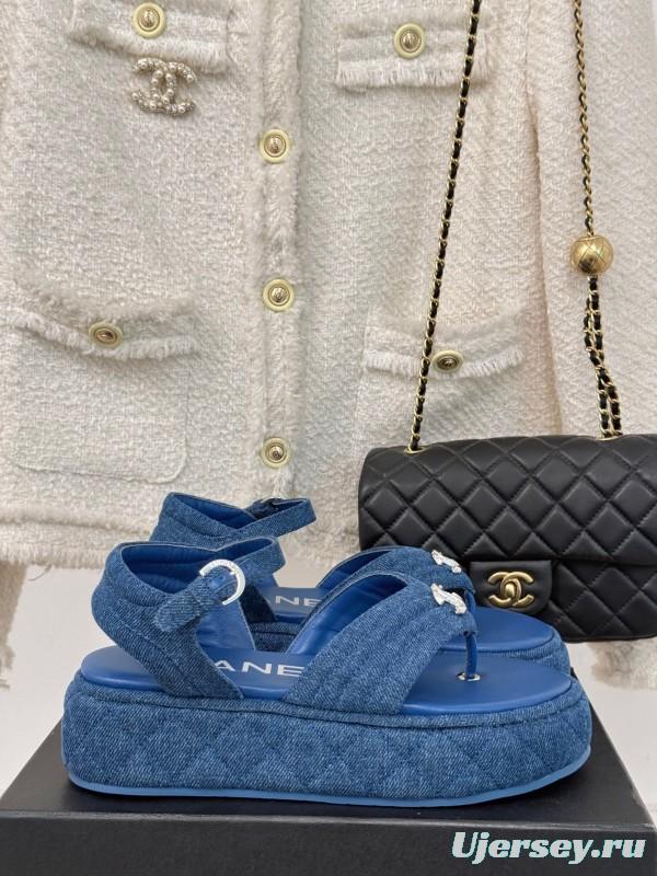 2025 Women Chanel Blue Denim Leather Platform Sandals KFY00260
