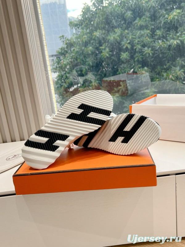 2024 Unisex Hermès Black White Orange Calf Leather Suede Knit Sneakers MJ00290