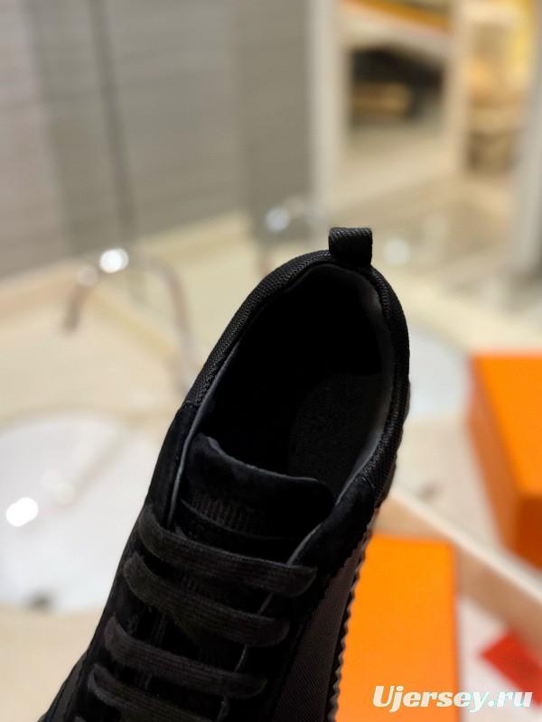 2024 Unisex Hermès Black Imported Glossy Goat Suede Rainproof Fabric Casual Sneakers MJ00320