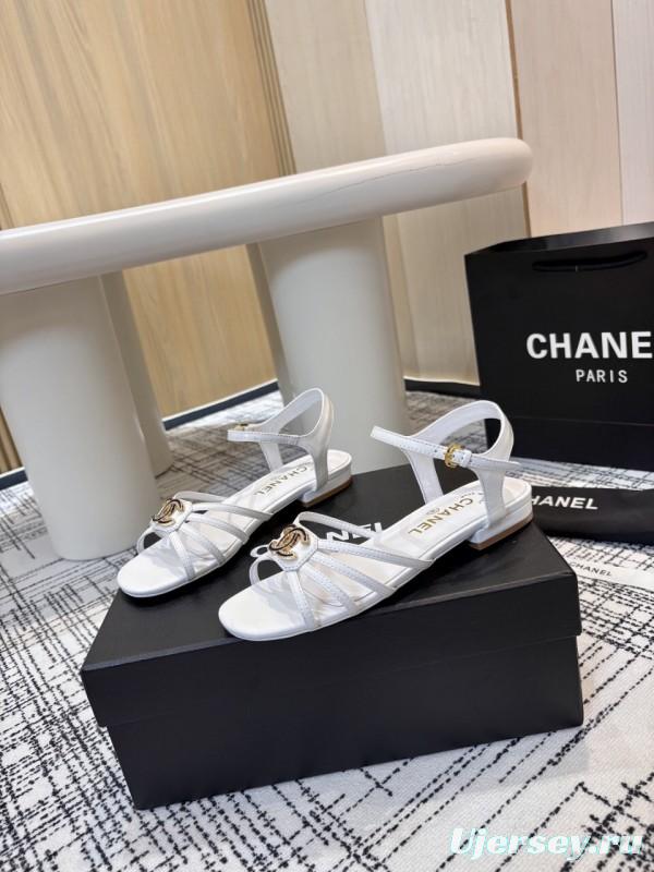 2025 Women Chanel White Leather Sandals LY00270