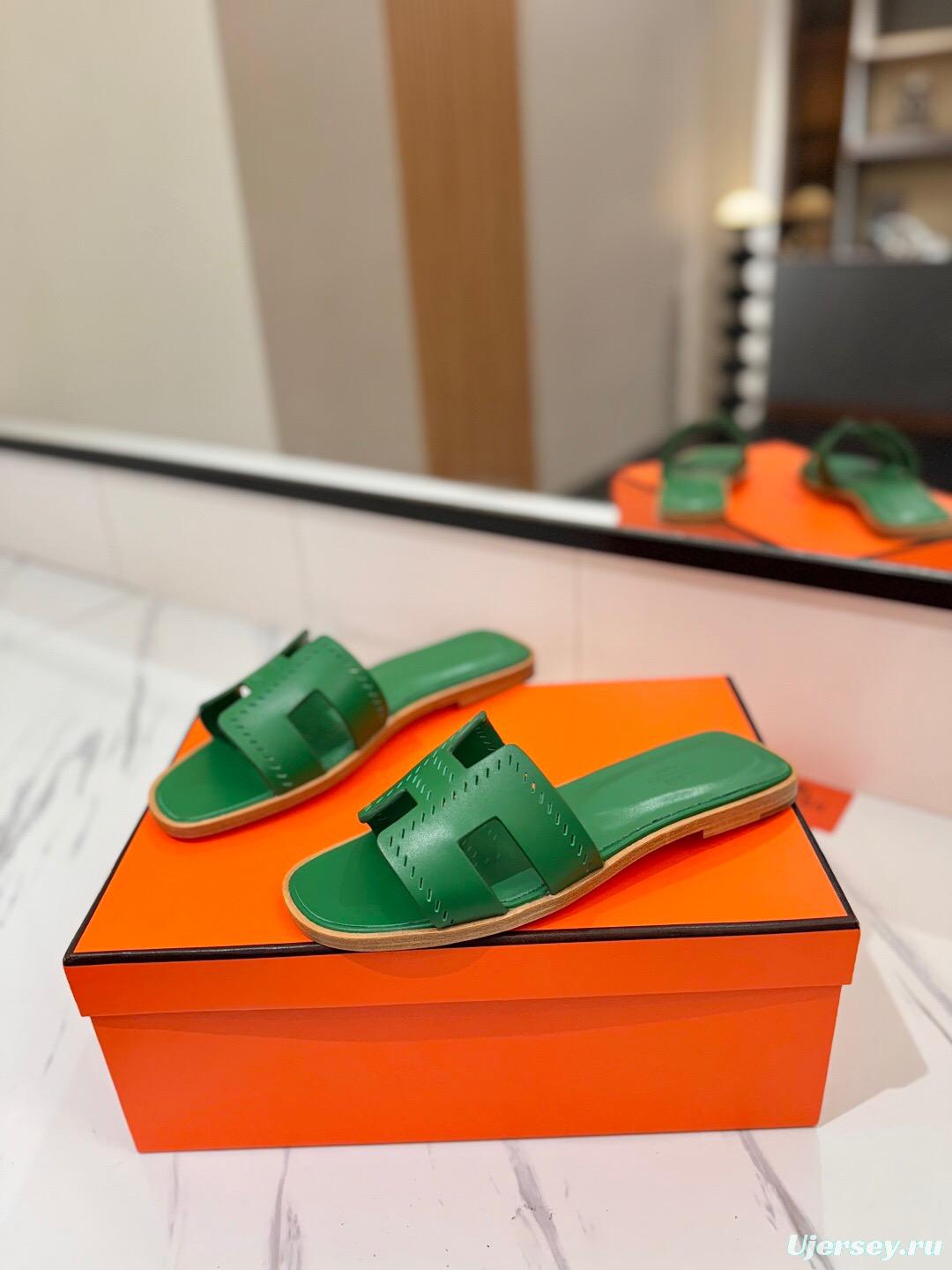 2025 Women Hermès Green Leather Slippers