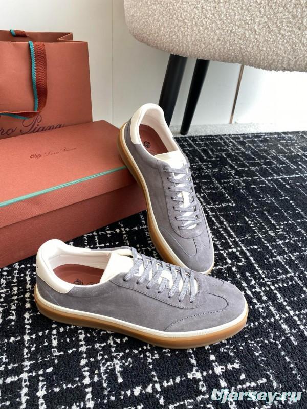 2024 Unisex Loro Piana Grey Suede Calf Leather Trainers MJ00320
