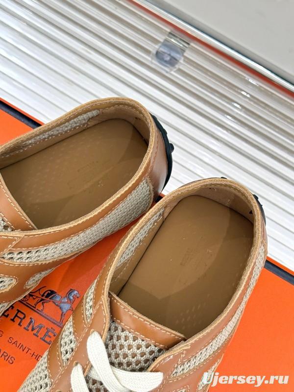 2025 Women Hermès Beige Brown Leather Mesh Casual Shoes