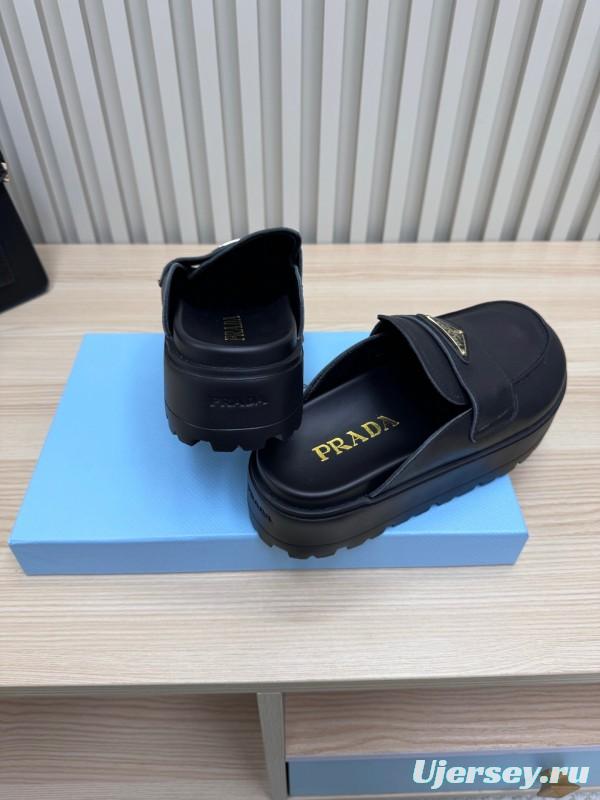 2025 Women Prada Black Leather Platform Loafers