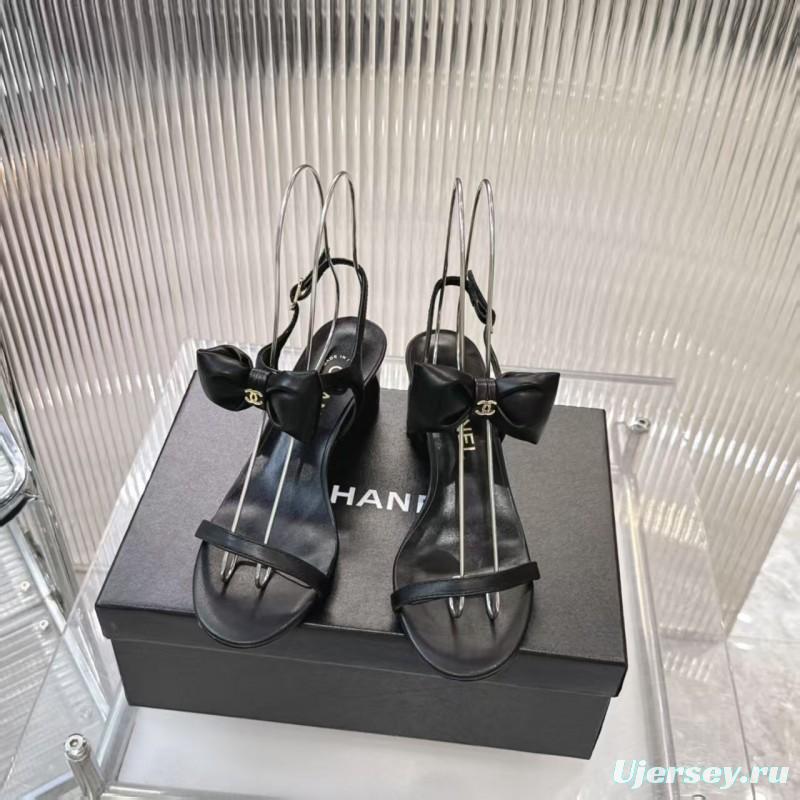 2025 Women Chanel Black Lambskin Bowknot Sandals LY00260