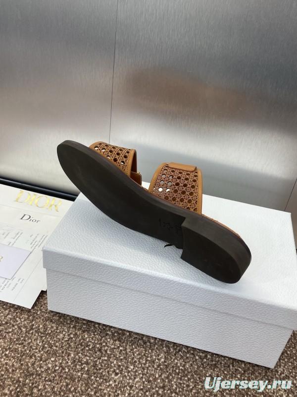 2025 Women Dior Brown Leather Slip-on Sandals