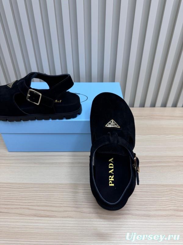 2025 Women Prada Black Suede Sandals LY00280