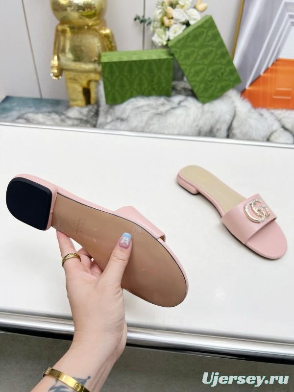 2025 Women Gucci Pink Leather Slippers GG Buckle MJ00190