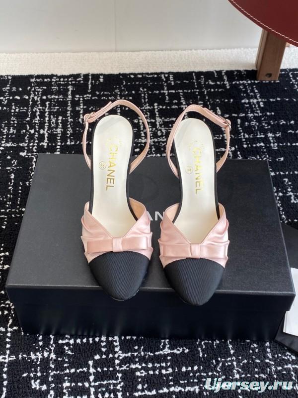 2025 Women Chanel Pink Black Satin Leather Slingback Heels KFY00289