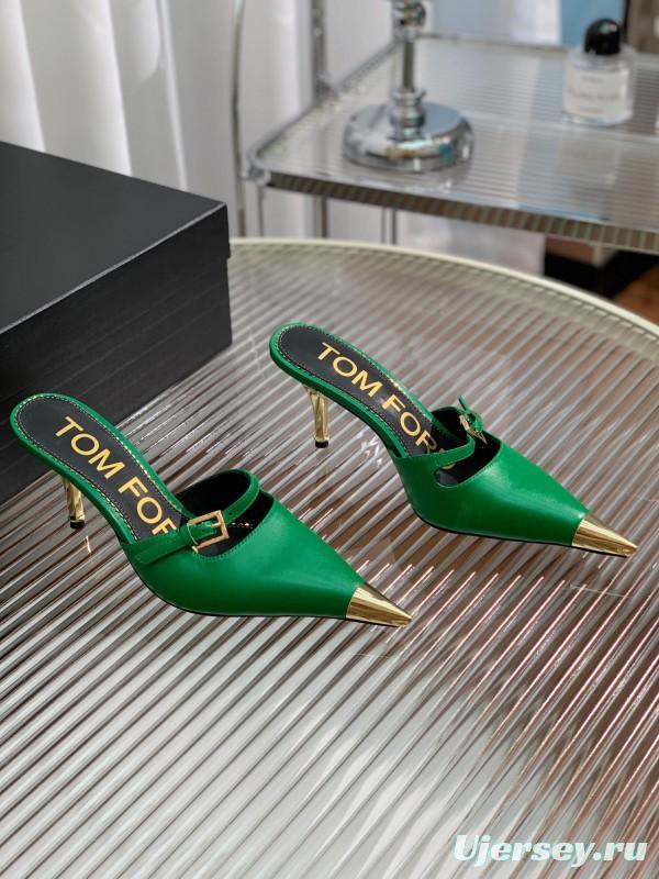 2025 Women TOM FORD Green Gold Leather Pointed Toe Mules KFY00300