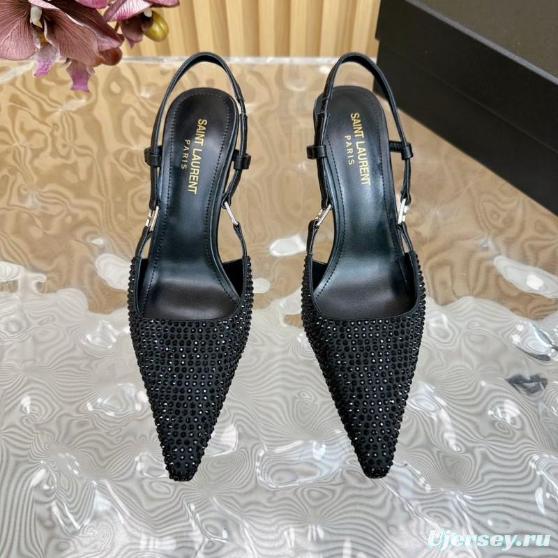 2024 Women Yves Saint Laurent Black Silk Slingback Heels MJ00320