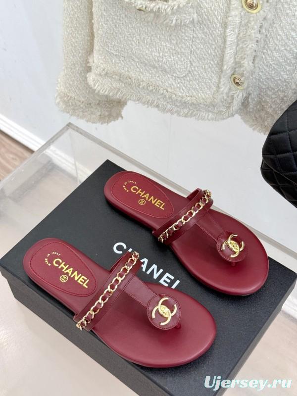 2025 Women Chanel Red Lambskin Chain Sandals KFY00250