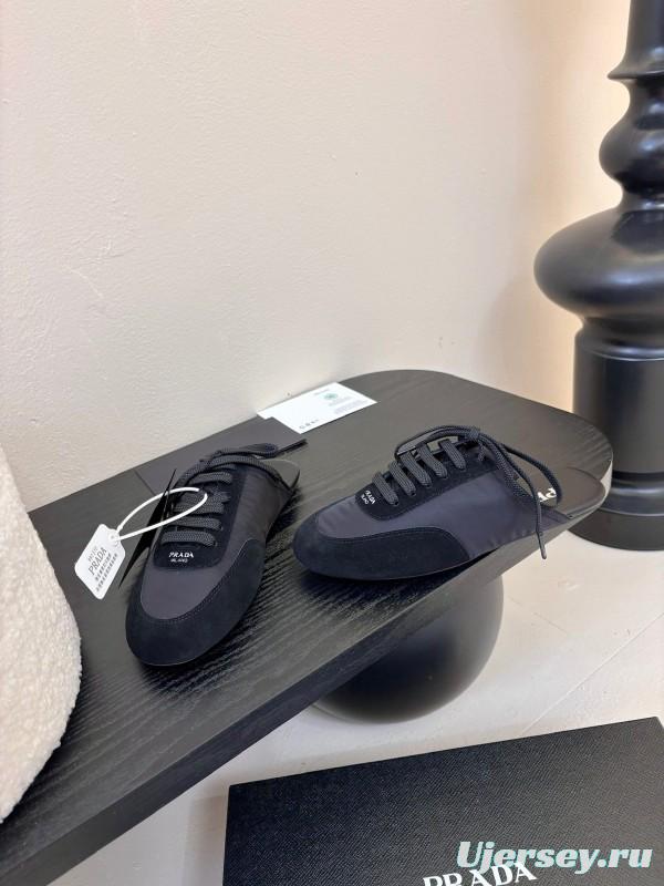 2025 Women Prada Black Suede Nylon Casual Lace-up Shoes