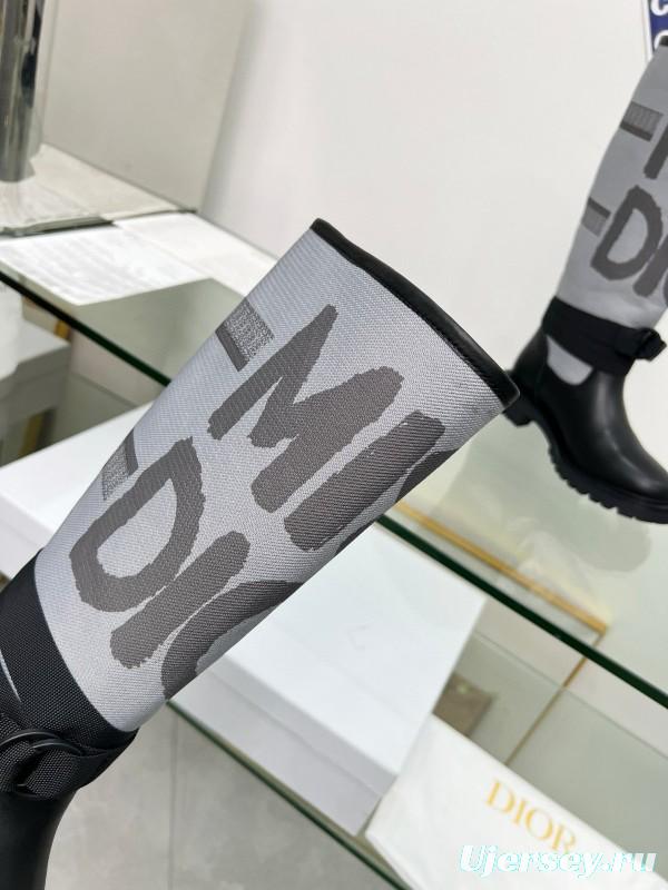 2024 Women Dior Black Grey Leather Fabric Knee High Boots