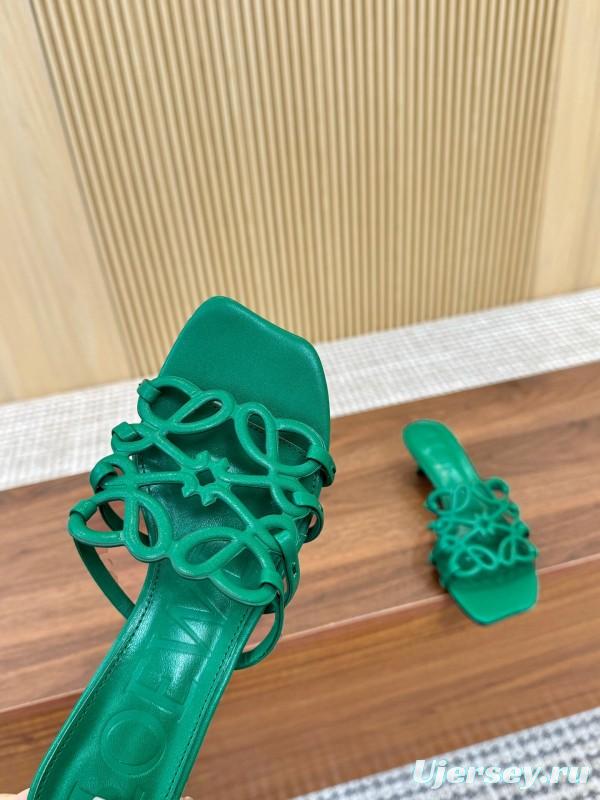2025 Women Loewe Green Leather Heeled Sandals LY00250