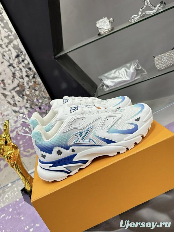 2025 Men Louis Vuitton Blue White Mesh Leather Sneakers MJ00420