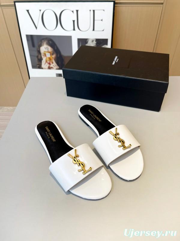 2025 Women Yves Saint Laurent White Leather Slippers LY00180