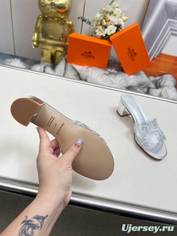 2025 Slippers Hermès Silver Leather Slippers MJ00180/215