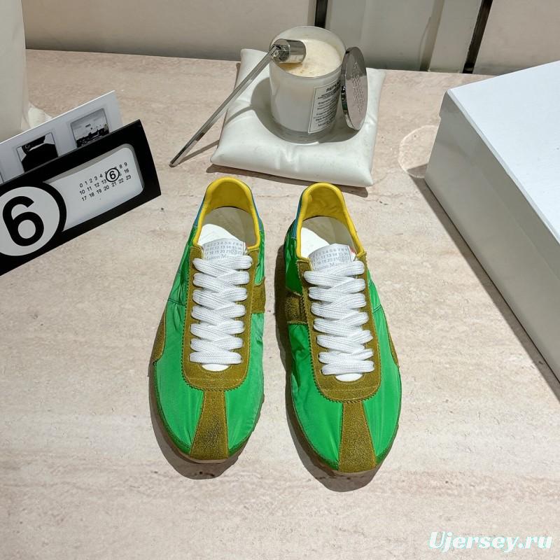 2025 Unisex Maison Margiela Green Yellow Leather Nylon Suede Sneakers Distressed
