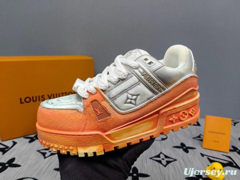 2025 Unisex Louis Vuitton Orange White Denim Leather Plimsolls Complex Wash KFY00510
