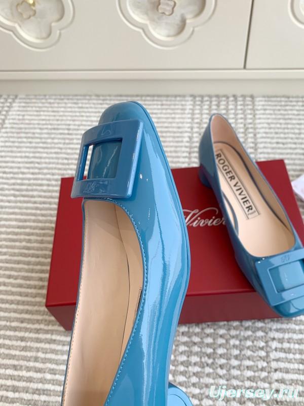 2025 Women Roger Vivier Blue Patent Leather Ballet Flat Square Buckle KFY00310
