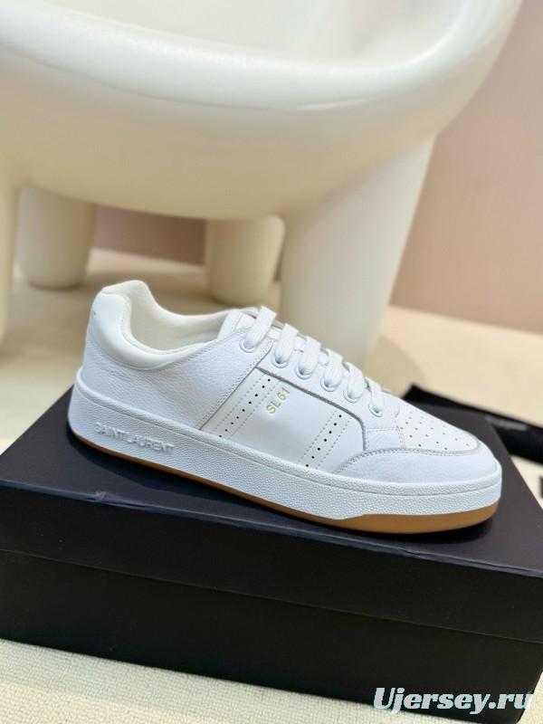 2024 Unisex Yves Saint Laurent White Silk Leather Sneakers SL61 MJ00350