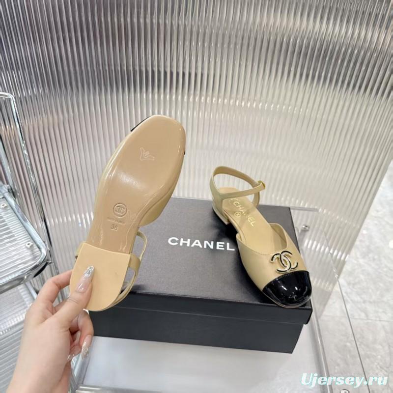 2025 Women Chanel Beige Black Leather Slingback Flat Sandals LY00260
