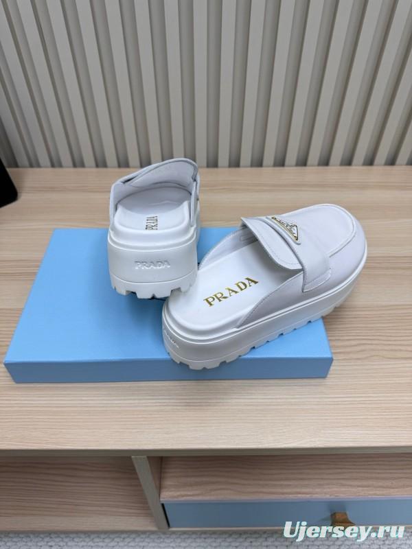 2025 Women Prada White Leather Slippers KFY00280