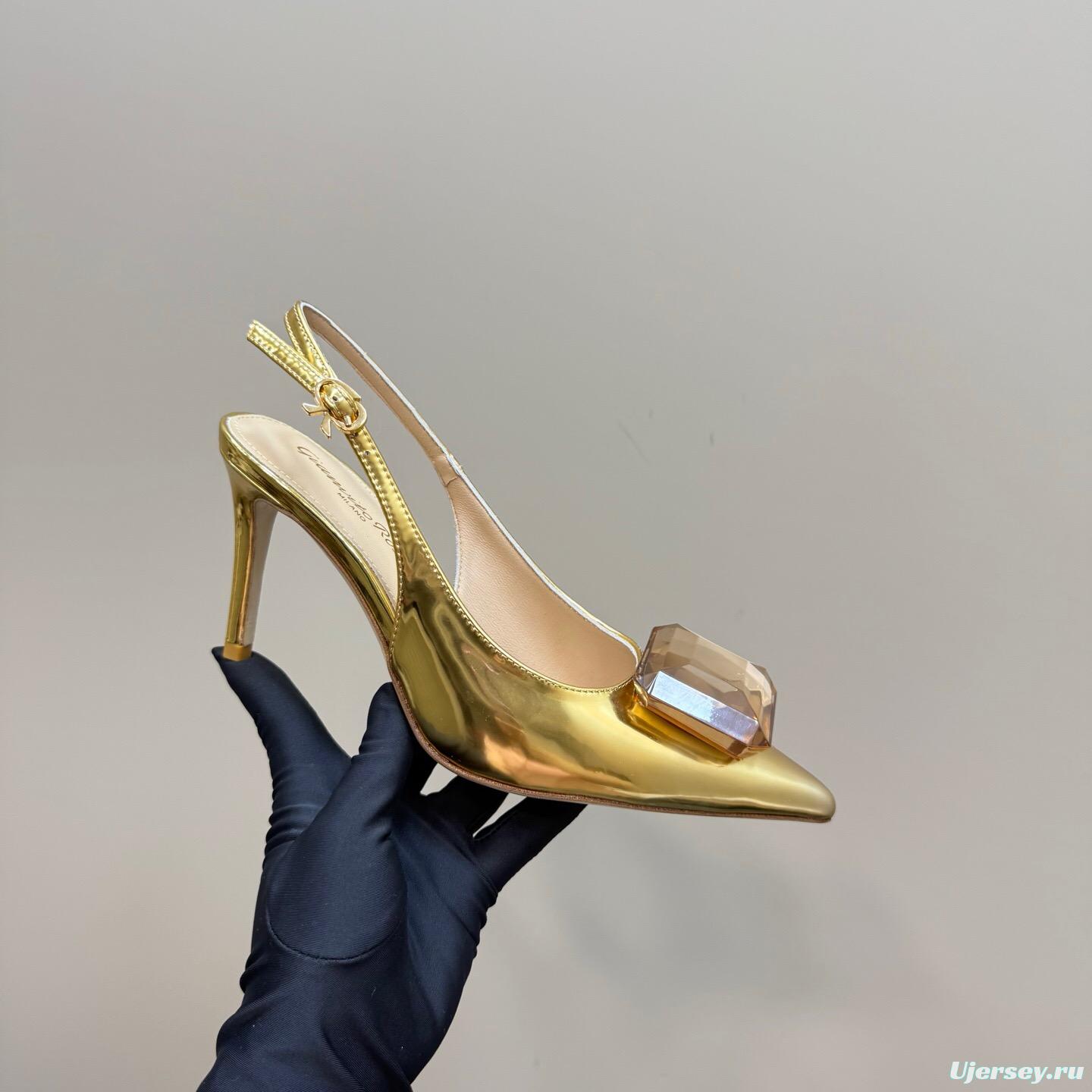 2025 Women Gianvito Rossi Gold Leather Slingback Gemstone KFY00300