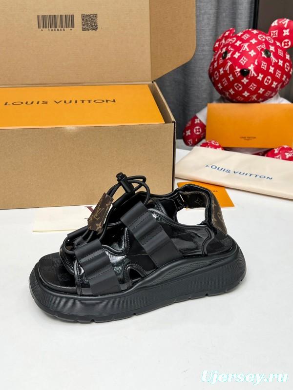 2025 Women Louis Vuitton Black Leather Fabric Sandals LV00310
