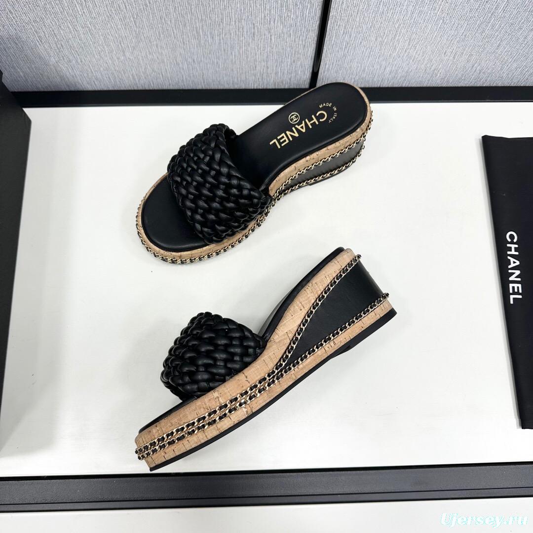2025 Women Chanel Black Leather Woven Platform Sandals
