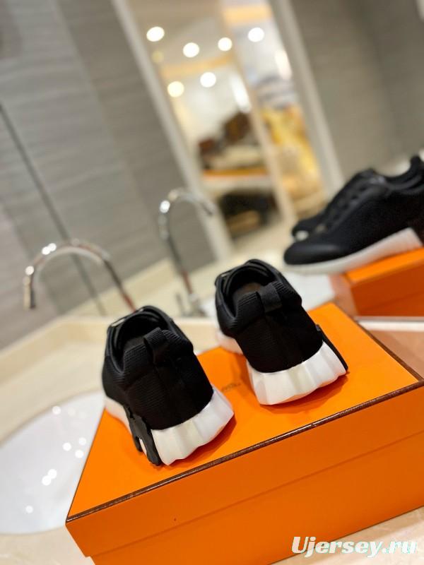 2024 Unisex Hermès Black Imported Glazed Calfskin Imported Rain Velvet Casual Sneakers MJ00320