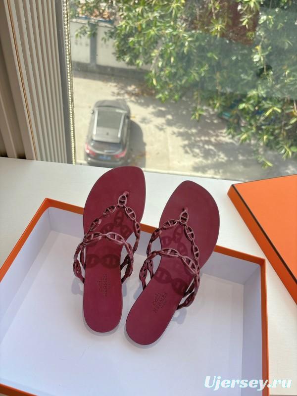 2025 Women Hermès Burgundy Leather Chain Strap Sandals G059 (F)