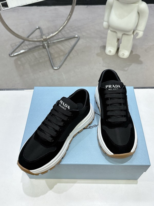 2025 Unisex Prada Black Leather Suede Sneakers KFY00310