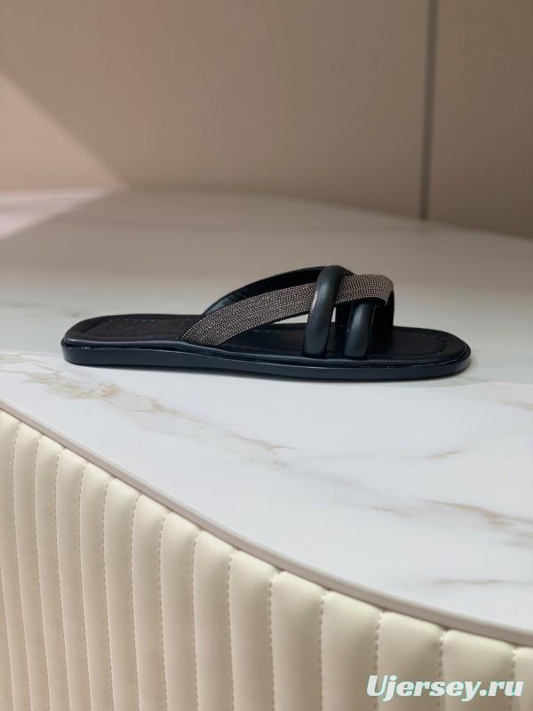 2025 Women Brunello Cucinelli Black Leather Flat Slides With Handwoven Beaded Straps KFY00300 (F)