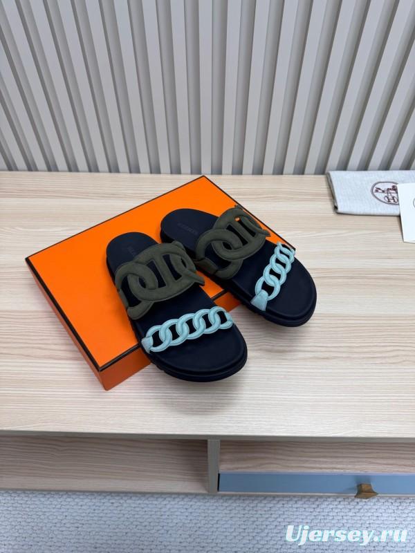 2025 Women Hermès Black Light Blue Leather Slippers