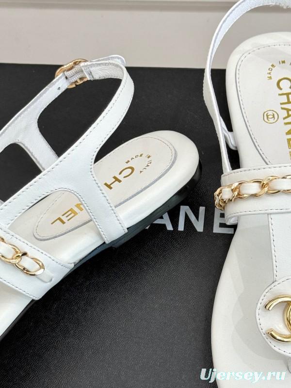 2025 Slippers Chanel White Leather Chain Strap CC Logo