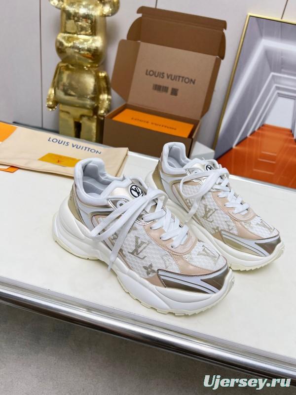 2025 Women Louis Vuitton White Beige Mesh Leather Sneakers LY00340