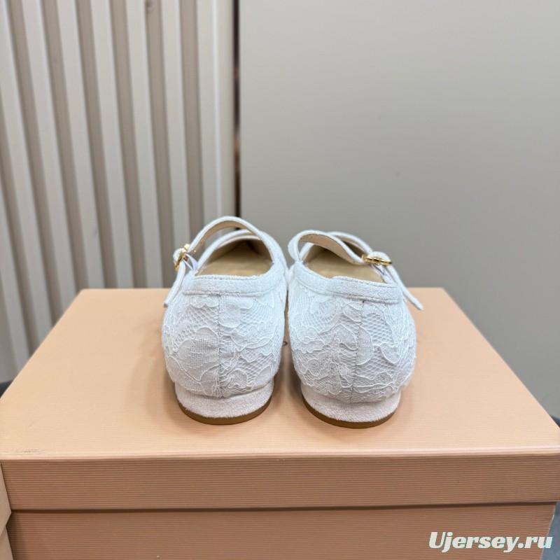 2025 Women Gianvito Rossi White Lace Leather Low Heel Ballerina KFY00260