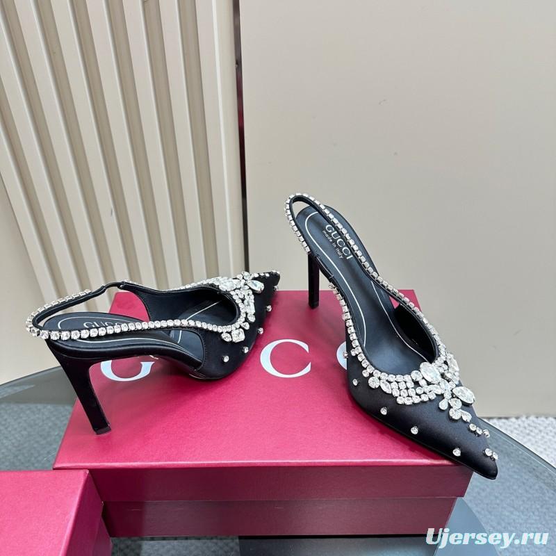 2025 Women Gucci Black Satin Crystal Embellished Slingback Heels
